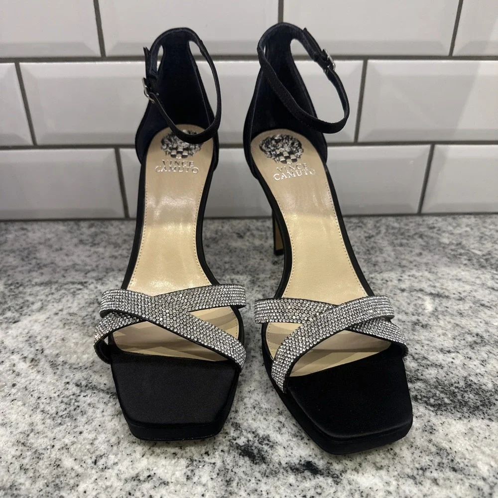 Vince Camuto Kalvira 2 Ankle Strat Black Satin Heels Women's 9 M rhinestones New